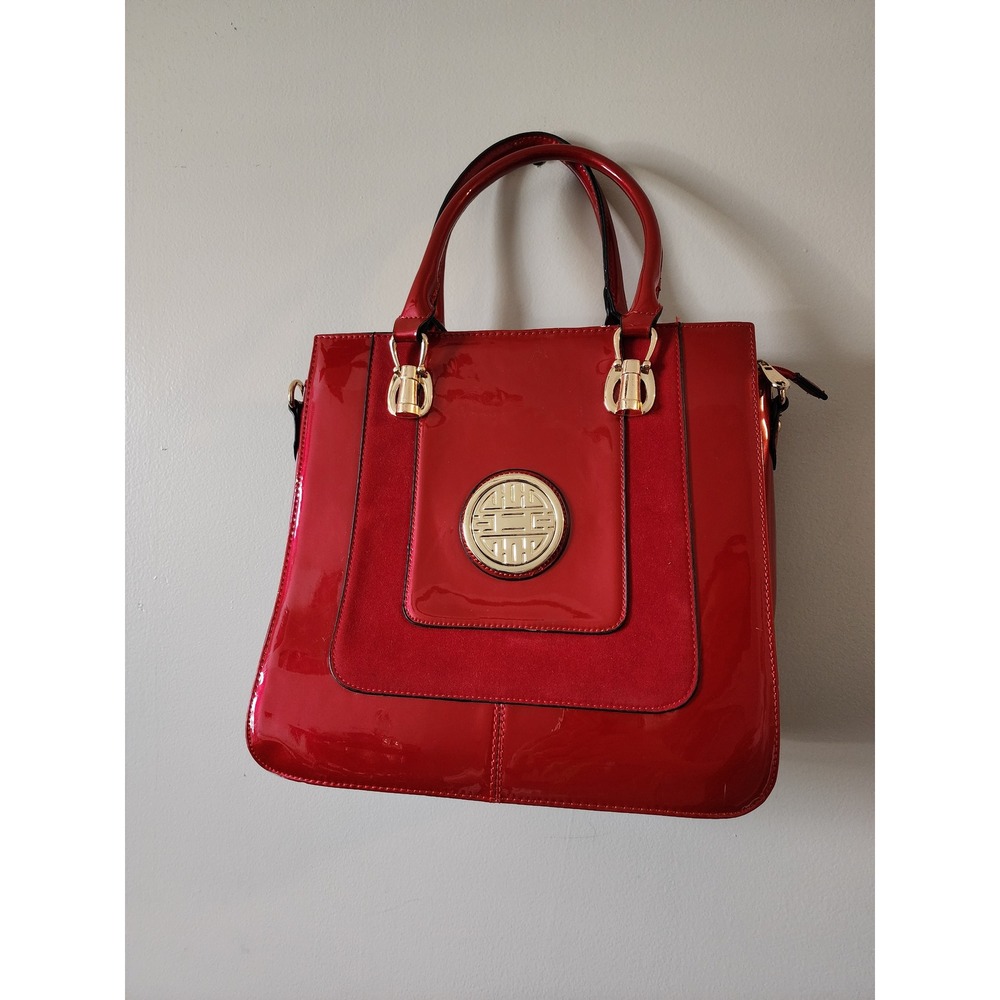 large red patent faux-leather satchel/tote with gold-tone hardware